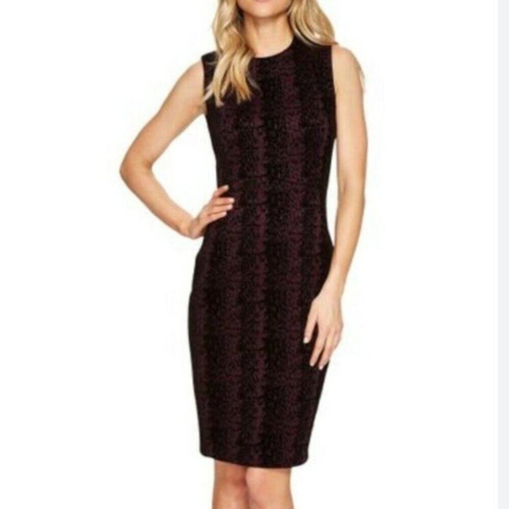 Calvin Klein Flocked Velvet Sheath Dress 8 Sleeveless Abstract ‎ Purple Black
